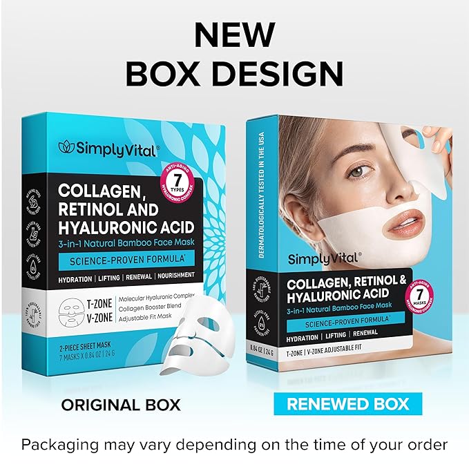 SimplyVital Collagen Facial Mask with Retinol & Hyaluronic Acid - Hydrating Face Masks Skincare - Visibly Firming and Lifting T Line & V Line Sheet Mask for Women - Mascarillas Para la Cara - 7 Pack