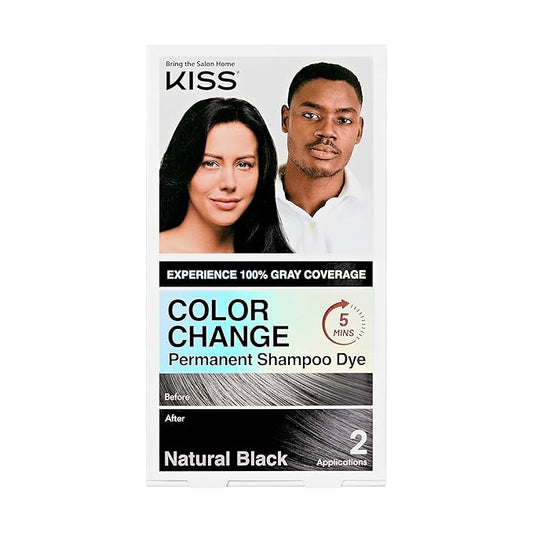 KISS Color Change Permanent Shampoo Dye, 100% Gray Coverage, Natural Plant & Herbal Extracts, All Hair Types, Moustache & Beard, 3-7 Minute Application, 4 Pre-Measured Pouches - Natural Black
