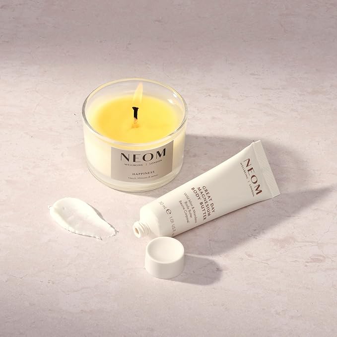 Neom Feel Good Mood Boost Duo Gift Set I Contains: Happiness Travel Candle 75g, Great Day Magnesium Body Butter 30ml I 100% Natural Scent I Sprinkle Happy Vibes
