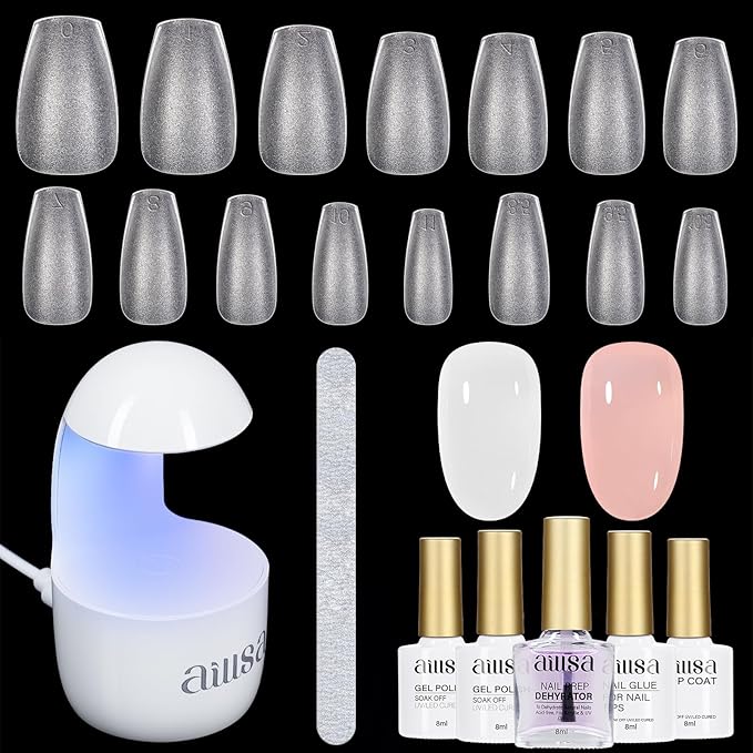 AILLSA Nail Tips and Glue Gel Kit Short Coffin Nail Tips 240pcs with 2 In 1 Nail Glue Base Coat and Nail Dehydrator, Gel Extension Nail Kit with U V Light Top Coat for DIY Home Salon