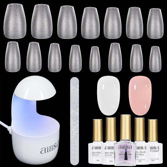 AILLSA Nail Tips and Glue Gel Kit Short Coffin Nail Tips 240pcs with 2 In 1 Nail Glue Base Coat and Nail Dehydrator, Gel Extension Nail Kit with U V Light Top Coat for DIY Home Salon