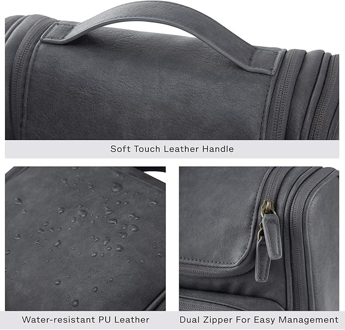 BAGSMART Hanging Toiletry Bag, Water-resistant Leather Dopp Kit, Large Travel Organizer for Full Sized Container, Grey