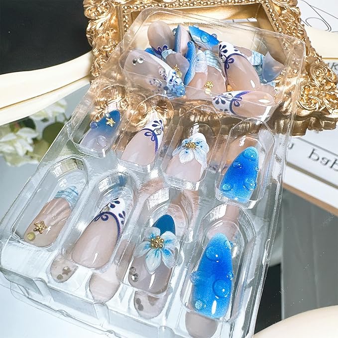 30pcs Blue Flower Press on Nails Medium Almond Fake Nails with Shell Floral Pearl Designs French Tip False Nails Kit Summer Beach Acrylic Nail Tips Full Cover Glue on Nails for Women
