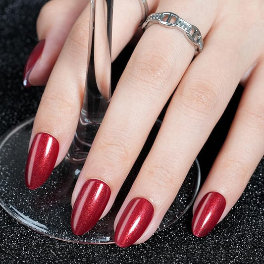 Red Press on Nails Almond, Jofay Fashion Soft Gel Fake Nails, Wine Red Glitter Press on Nails, Reusable & Natural Acrylic False Nails, Stick on Nails for Women Gift, Glue on Nails Kit 32 Pcs