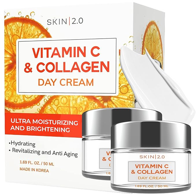 Vitamin C & Collagen Daily Face Moisturizer - Dermatologist Tested, Skin Tightening, Brightening - Anti-Aging, Clean Beauty, Cruelty-Free Korean Skincare, All Skin Types - 1.69 Fl oz (2-Pack)