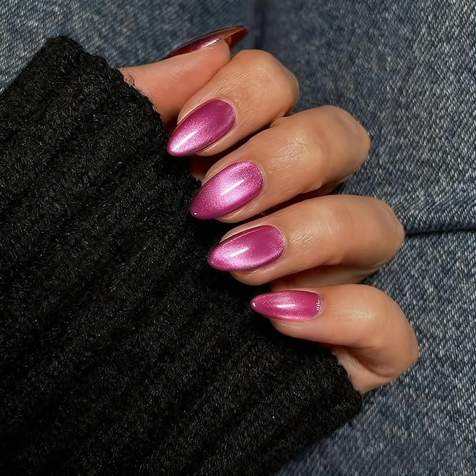 KQueenest Press On Nails Short - Neon Hot Pink Press On Nails Almond Shape, Glitter Cat Eye Fake Nails with Nail Glue, Reusable Cute Bright Gel Glue On Nails with Color-Shifting Glow, Fushia 30 Pcs