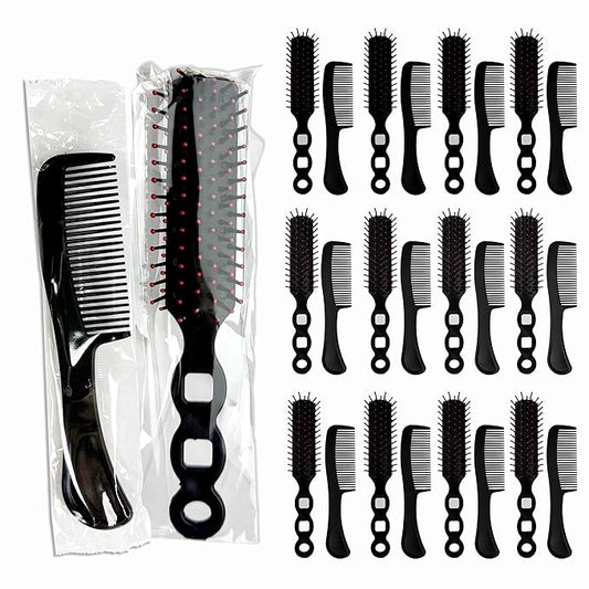 Hair Brush and Comb Set, 100 Pcs Bulk for Homeless Individually Wrapped, Lightweight Hair Brush and Comb for Women Kids Hotel Travel (Black)