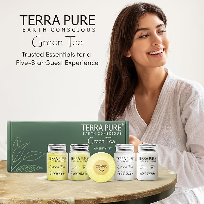 Terra Pure Green Tea Amenity Kit | Boxed Hotel Bulk Toiletries | 1 oz Shampoo, Conditioner, Lotion, Body Wash, Body Bar Soap for Guest Hospitality Vacation Rentals | 15 Sets/Case