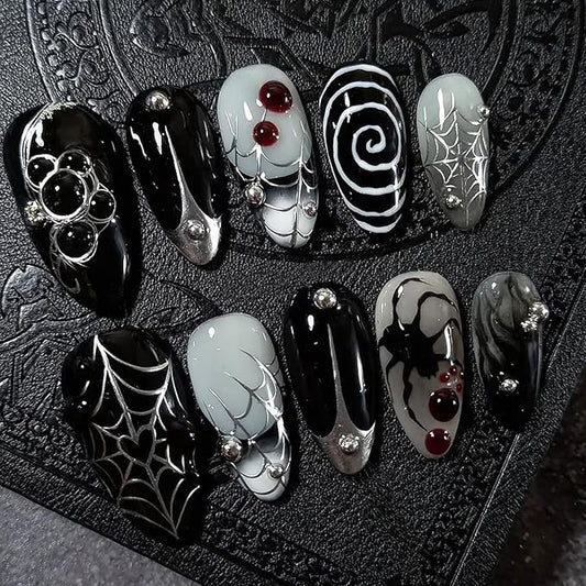 30Pcs Halloween Y2k Press on Nails Medium Almond French Tip Fake Nails Spider Web False Nails with Silvering 3D Gems Design Black Full Cover Artificial Glue on Nails Gothic Stick on Nail for Women