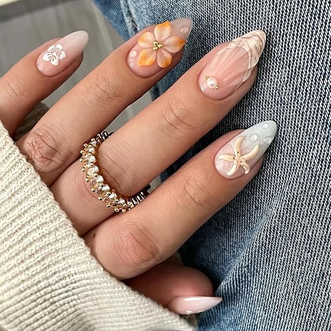 Summer Press on Nails Almond Medium Fake Nails with 3D Flower Starfish Design French Tip False Nails Glossy Glue on Nails White Floral Full Cover Stick on Nail for Women Manicure Decor