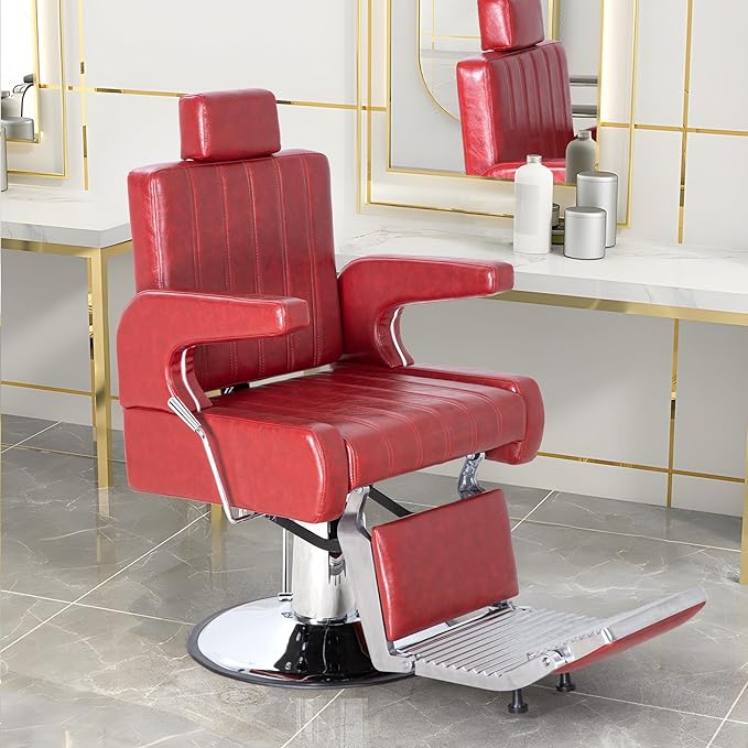 FHFO Barber Salon Hair Chairs for Barbershop, Hydraulic Barber Chair 360° Swivel Reclining, Adjustable PU Leather Beauty Styling Salon Chair for Barbershop Spa Red/Silver