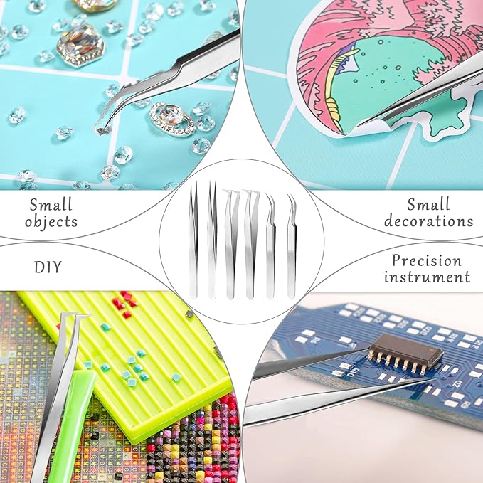 6 Pcs Tweezers for Eyelash Extensions, Straight and Curved Stainless Steel, Individual Volume, Isolation Tweezers (Silver)