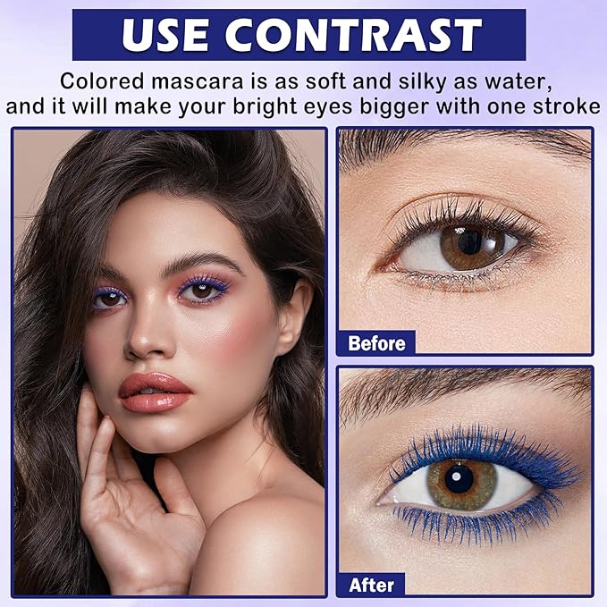 Blue Mascara and Eyeliner Set,Natural Curling Blue Mascara for Eyelashes,Volumizing Lengthening máscara de pestañas Waterproof,5D Colored Eye Makeup