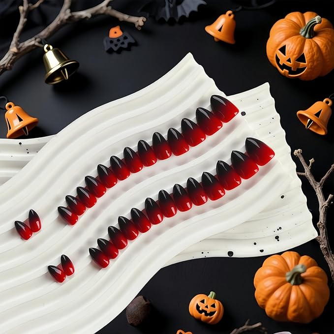 KQueenest Christmas Press On Nails Almond, Ombre Red Black Press On Nails Short Stiletto, Dark French Fake Nails With Glue, Gradient Glue on Nails Design, Reusable Stick on Nail for Women, 30 Pcs