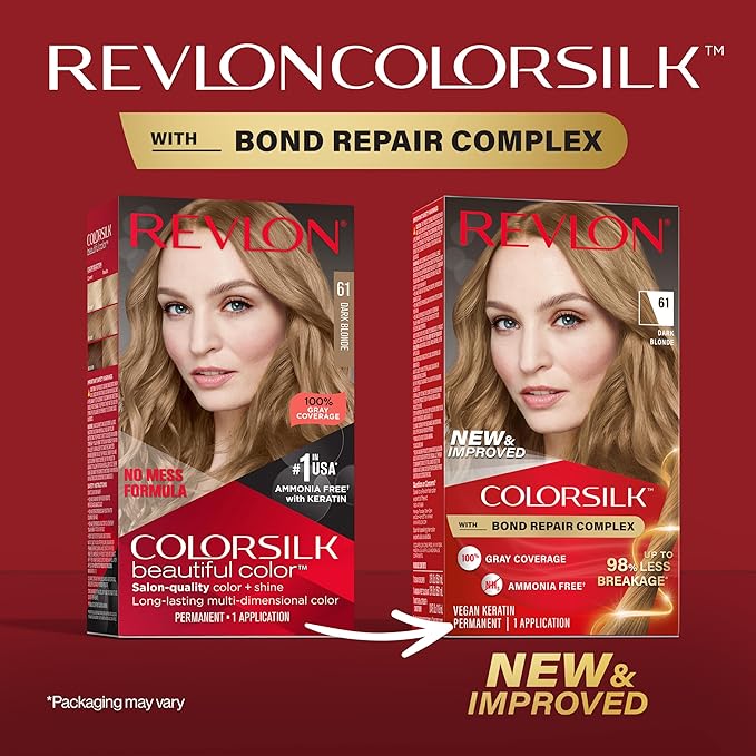 Revlon ColorSilk with Bond Repair Complex, Blonde Permanent Hair Color, 100% Gray Coverage, Ammonia Free Hair Dye, Vegan Keratin, 61 Dark Blonde (Pack of 3)