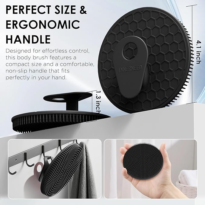 INNERNEED Food-Grade Silicone Body Scrubber Gentle Cleansing Brush with Exfoliating Net Sponge Bath Scrubbing Washcloth Case, More Hygienic and Well Lather (Black Set)