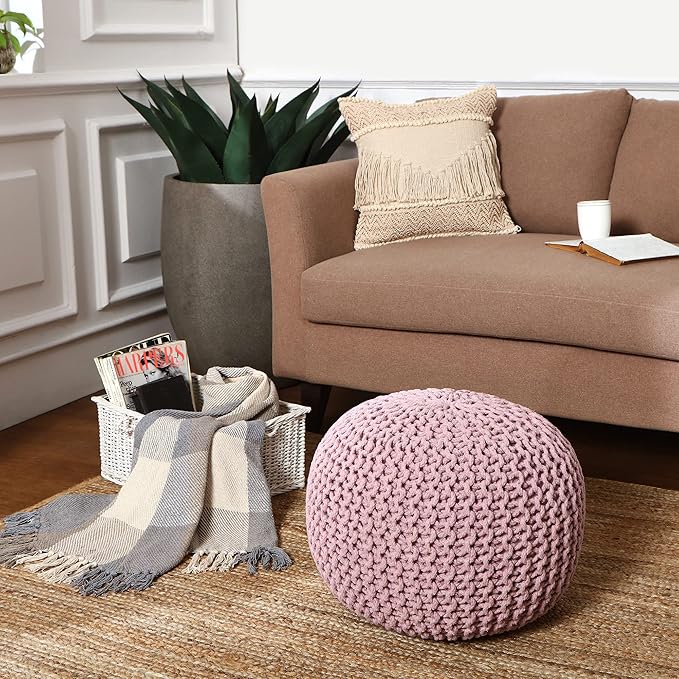 REDEARTH Round Pouf Ottoman - Hand Knitted Boho Poof Home Décor Pouffe Circular Footrest for Living Room - Bedroom - Lounge - 100% Cotton (19.5"x19.5"x14") - Pale Pink