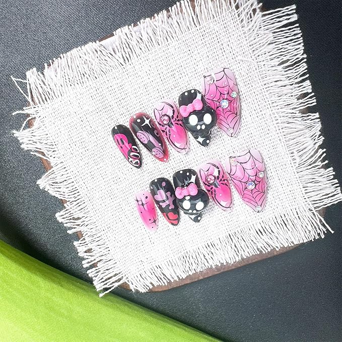30 Pcs Halloween Press on Nails Medium Almond Fake Nails with 3D Skull Spider Web Rhinestones Designs Spider False Nail Tips Ghost Acrylic Nails Black Pink Full Cover Glue on Nails for Women