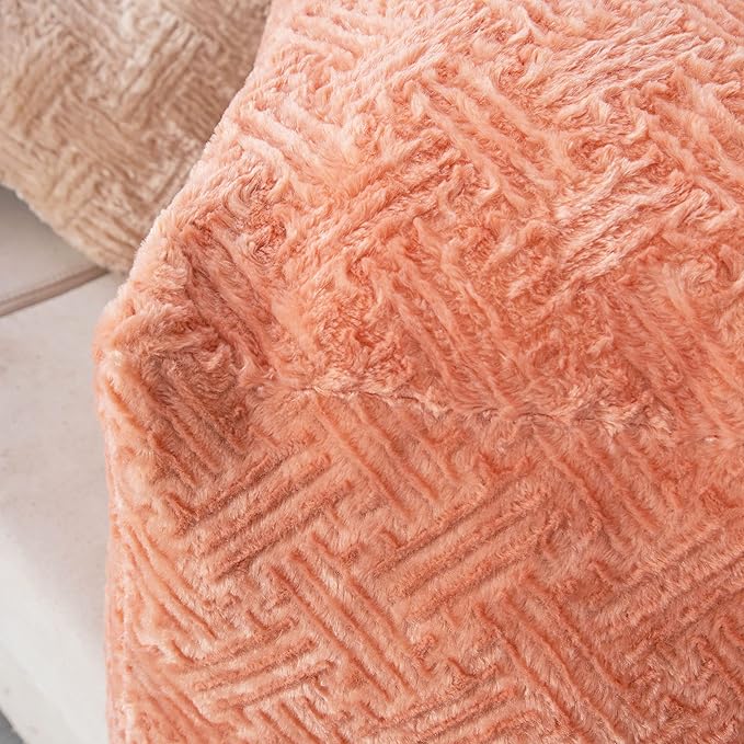 DaDalogy Bedding Faux Fur Ottoman Pouf Cover [NO Insert] - Rose Coral Baby Peach | Shiny Geometric Soft Cozy with Zipper - 1-Piece 18" x 18" x 18"