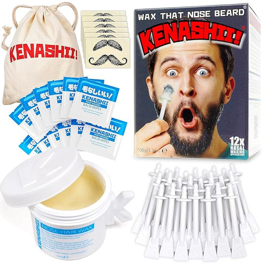 KENASHII Nose Wax Kit | 100 g Wax, 24 Applicators | Hair Removal Kit for Men and Women | Includes Balm Wipes and Mustache Guards | Lasts up to 5 Weeks