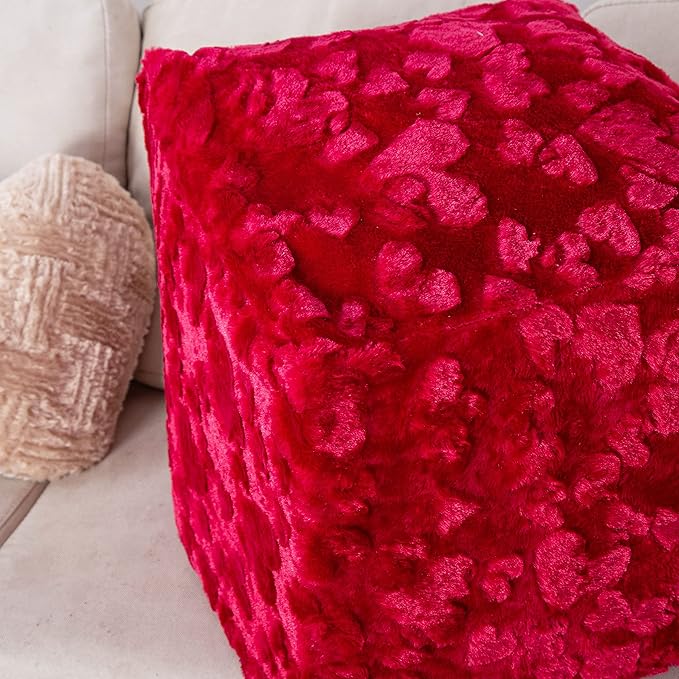 DaDa Bedding Collection DaDalogy Ottoman Pouf Cover Red Hearts in Love Faux Fur [NO Insert] - Bean Bag Footstool Cover Romantic Cozy Soft with Zipper - 1-Piece 18" x 18" x 18"