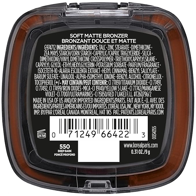 L'Oreal Paris Infallible Up to 24H Fresh Wear Soft Matte Longwear Bronzer. Waterproof, heatproof, Transfer, humidity and sweatproof, Deep Dark, 0.31 oz