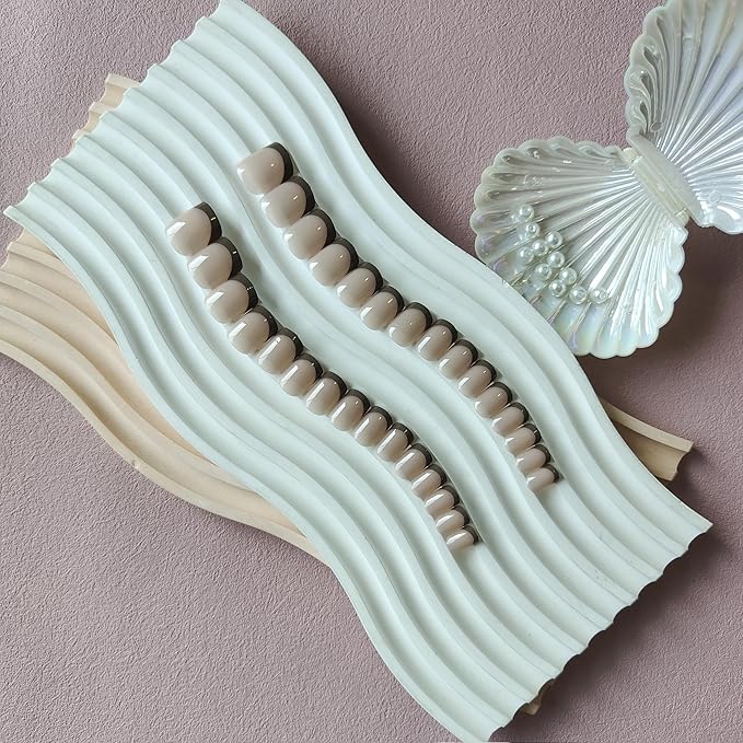 30Pcs Brown French Tip Press on Nails Short Square Nails Press ons, Short Fake Nails Coffin Acrylic French Glue on Nail False for Women, Natural15 Sizes