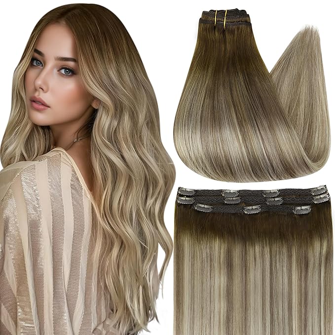 Full Shine Ombre Clip in Hair Extensions Human Hair 3 Pcs 60 G 12 Inch Short Clip in Extensions Walnut Brown to Light Brown Mix Light Blonde Straight Remy Hair Extensions for Fine Hair