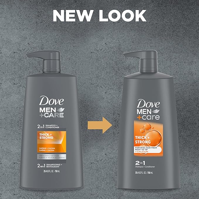 DOVE MEN+ CARE 2-in-1 Shampoo + Conditioner Thick + Strong 4 count for Fortifying Hair from Root to Tip, with Calcium, 25.4 oz