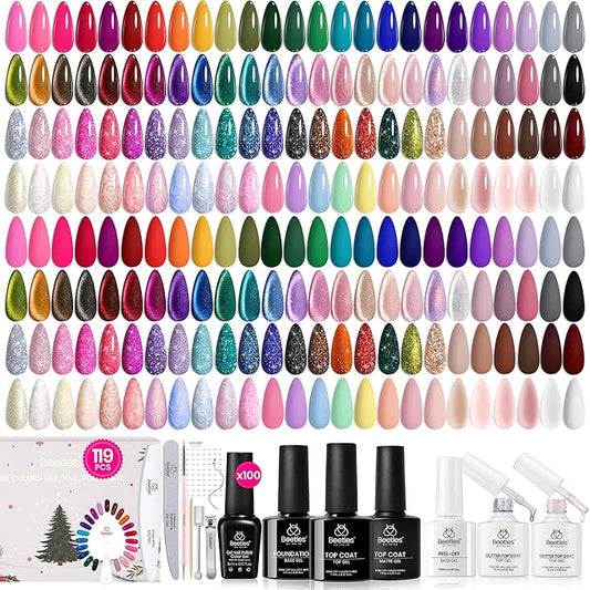 Beetles Gel Nail Polish Gift Set– Christmas Kaleidoscope 100 Vibrant Colors with Base & Top Coats Glitter Matte Glossy Finishes Cat Eye Pearl Nail Polish Nail Art Gift for Women Salon Home DIY Use