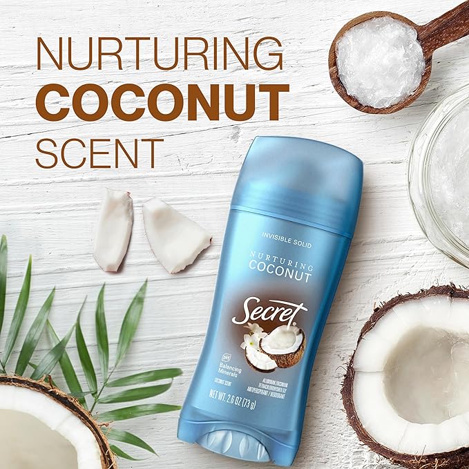 Secret Fresh Antiperspirant Deodorant for Women, 72hr Breathable Sweat & Odor Protection, Instant Freshness & Gentle, PH Balancing Mineral, Invisible Solid, Nurturing Coconut Scent, 2.6 oz (Pack of 3)