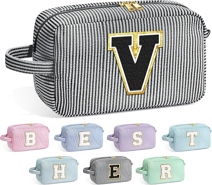 YOOLIFE Travel Makeup Cosmetic Bag - Personalized Monogram Cute Initial Makeup Bags Cosmetic Toiletry Bag Pouch Make Up Case for Women Her Mom Best Friend Sister Teacher, Birthday Gifts for Women V