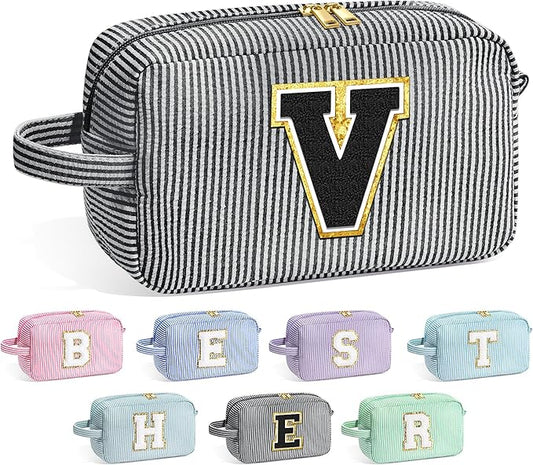 YOOLIFE Travel Makeup Cosmetic Bag - Personalized Monogram Cute Initial Makeup Bags Cosmetic Toiletry Bag Pouch Make Up Case for Women Her Mom Best Friend Sister Teacher, Birthday Gifts for Women V