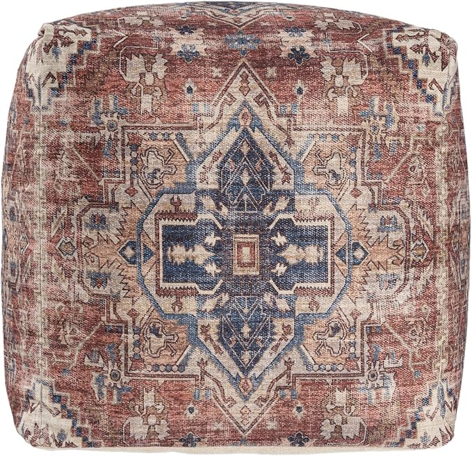 LR Home Vintage Medallion Indoor Medium Pouf Ottoman | Polyester Pouf for Home Decor | Foot Rest for Living Room, Bedroom & Dorm | 18 x 18 x 18 Stuffed Ottoman for Seating | Rust/Navy