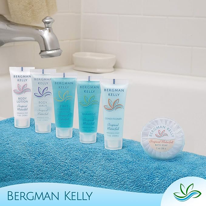 Bergman Kelly - Travel Shampoo and Conditioner Set - 1 fl oz, 100 Pieces, Tropical Waterfall - Delight Your Guests with Invigorating and Refreshing Hotel Toiletries and Guest Hospitality in Bulk