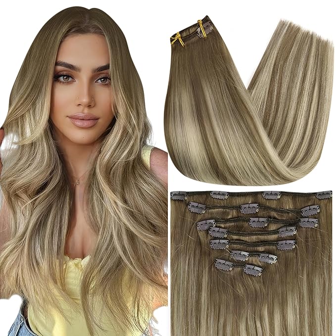 Full Shine Balayage Hair Extensions 22 Inch Real Human Hair Clip ins Chestnut Brown to Brown Mix Blonde Remy Clip in Hair Extensions Invisible Human Hair Natural Blend Clip in Extensions