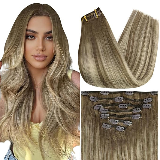 Full Shine Clip in Balayage Hair Extensions 24 Inch Human Hair Extensions Clip ins Seamless 7 Pcs 120 Grams Real Human Hair Clip in Extensions Natural Ends