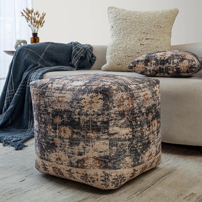 LR Home Vintage Floral Square Indoor Medium Pouf Ottoman, Navy Blue/Beige | Hand-Made Distressed Floral Pouf for Home Decor | 18 x 18 x 18 Stuffed Ottoman for Bedroom & Living Room Seating