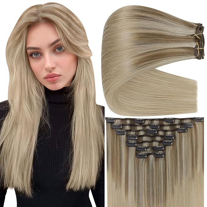 Full Shine Invisible Clip in Hair Extensions Human Hair 135 G Caramel Latte Rooted Highlight Blonde Clip in Human Hair Extensions 18 Inch 7 Pcs