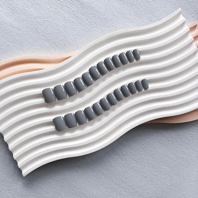 KQueenest Short Press on Nails Square Grey Nails Set, Dark Color Fake Nails Gel Nails Press Ons, Acrylic Nails Short Coffin Small Glue on Nails for Women in 24 Pcs