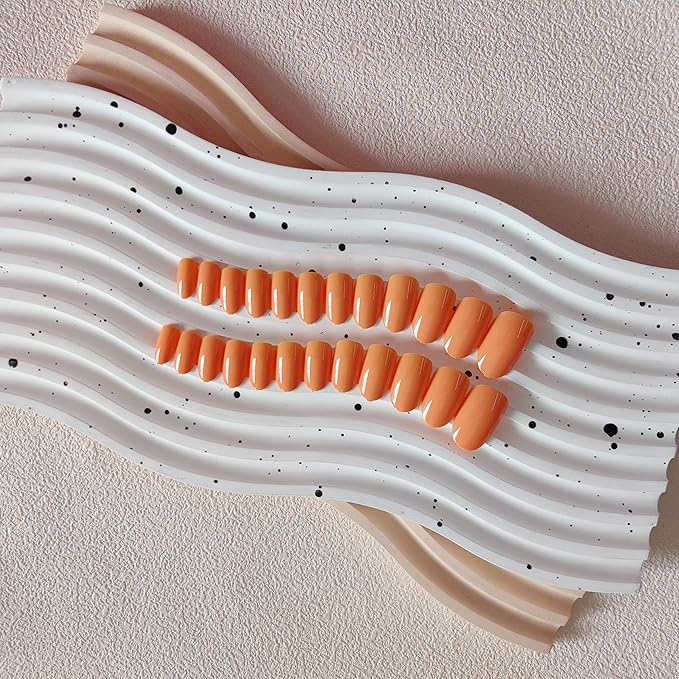 Orange Press On Nails - Short Almond Shape, 24pcs Natural Acrylic Gel, Thick Solid Color Glue Ons
