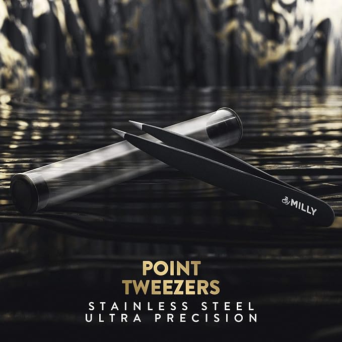 Pointed Tweezers | High Carbon Stainless Steel Needle Nose | Fine Point Precision Hair Removal | Perfectly Aligned & Hand-Filed Sharp | Black