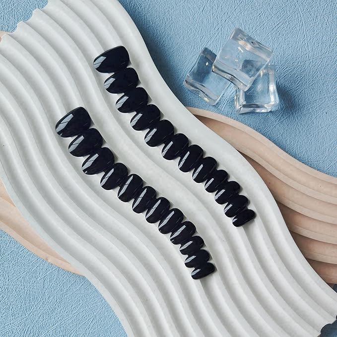 Black Press on Nails Short Almond Fake Nails Press ons, Thick Solid Color Glue on Nails Short False Nails, Medium Almond Nails Oval Round Shaped Nails for Women, 24Pcs