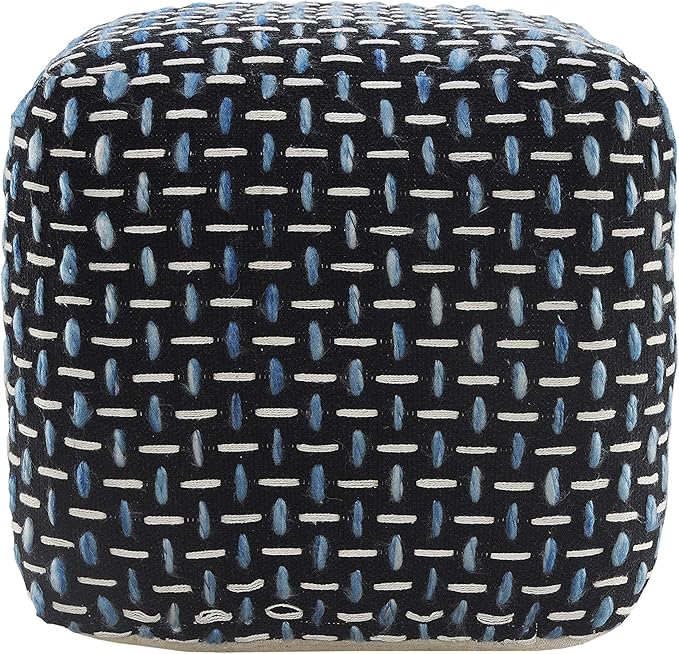 L. R. Resources, Inc. LR Home Hand-Woven Black/White/Blue Geometric Cotton Square Ottoman Pouf for Home Decor | Indoor Foot Rest for Bedroom & Living Room | 16 x 16 x 16 Stuffed Ottoman for Seating