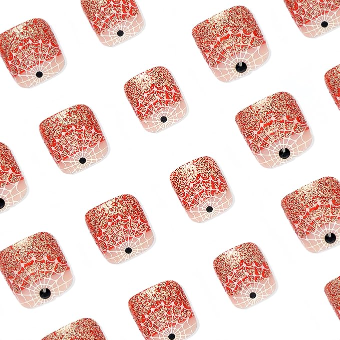 24Pcs Halloween Orange Glitter French Tips Press on Toenails Short Square Fake Toe Nails with Rhinestones White Spider Web Designs False Toenail Black Orange Halloween Acrylic Toenail for Women