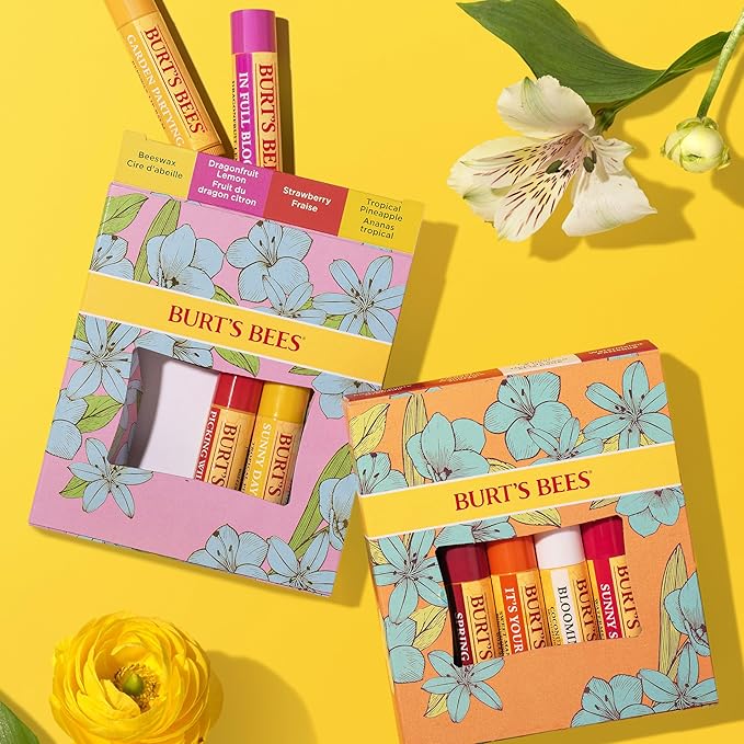 Burt's Bees Gifts Ideas - In Full Bloom Lip Balm Set, Original Beeswax, Dragonfruit Lemon, Tropical Pineapple & Strawberry, Natural Origin Lip Treatment, 4 Tubes, 0.15 oz.