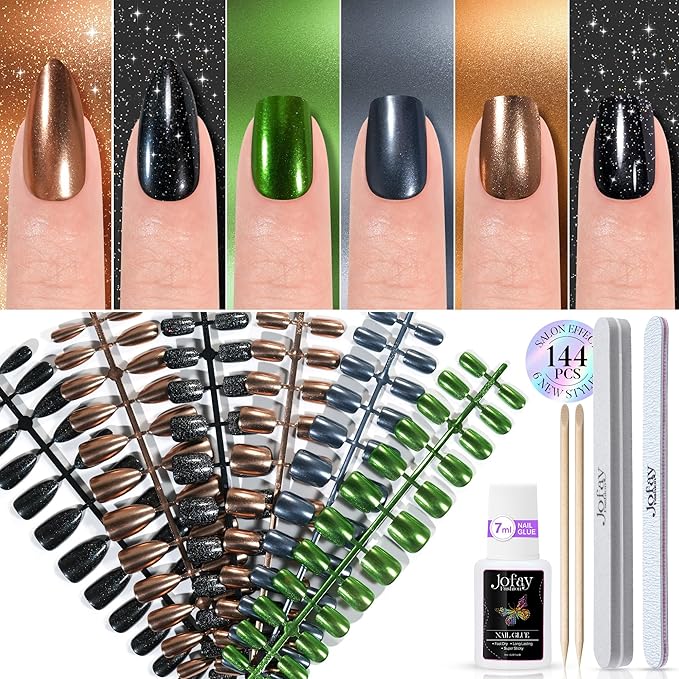 Chrome Press on Nails Short 6 Styles, Jofay Fashion 144Pcs Salon-Like Mirror Metal Stiletto Fake Nails with Glue, Glitter Artificial Acrylic False Nails for Party, Glue on Nails Press Ons in 12 Sizes
