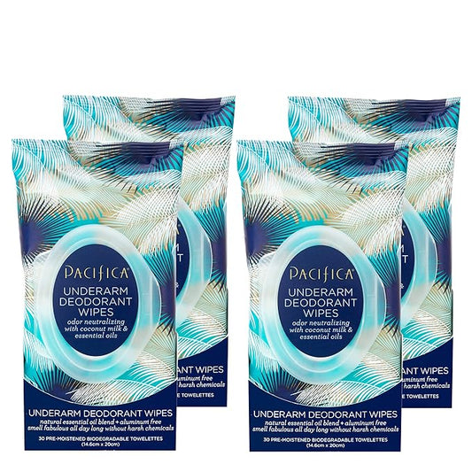 Pacifica Beauty Coconut Milk & Essential Oils Underarm Deodorant Wipes, Helps Remove Odor, Aluminum-Free, Vegan & Cruelty-Free, 30 Wipes (4-Pack)