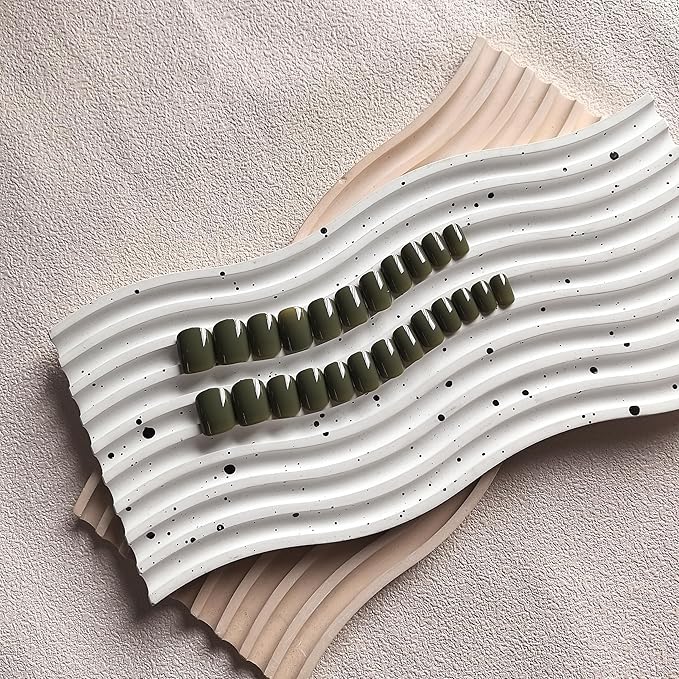 KQueenest Olive Green Press on Nails Short Square, Glazed Acrylic Nails Press on Solid Color, Natural Fake Nails Short, Reusable Stick on Nails for Women Finger Wear 24 Pcs