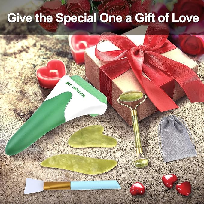 Charmonic 6 in 1 Ice Roller & Jade Roller and Gua Sha Set, Facial Massage Kits, Facial Roller Kit with Gua Sha Tool and Silicone Brush, Anti-Aging Jade Stone Massager for Face, Eyes, Neck Massage